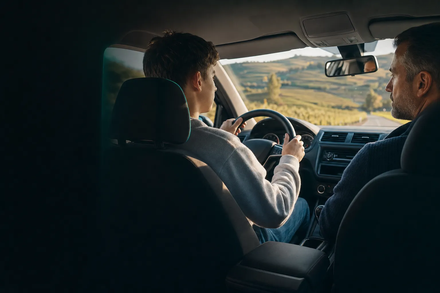Fahrlehrer und Fahrschüler im Auto auf einer Landstraße